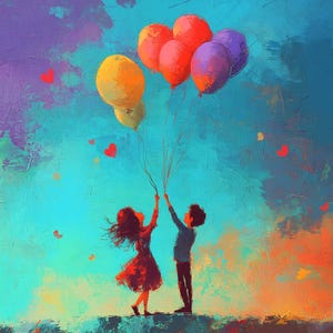 Glückliches Mädchen und Junge lassen bunte Luftballons in den Himmel steigen