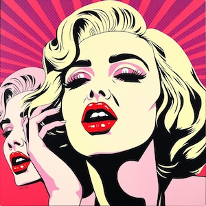 Puede incluir: Pintura de estilo pop art que presenta a dos mujeres con rasgos exagerados. Las mujeres tienen cabello rubio, labios rojos y maquillaje de ojos intenso. El fondo es un diseño de explosión radial rosa, creando una estética audaz y gráfica.