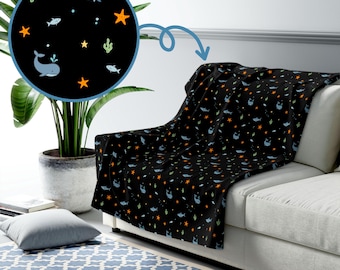 Ocean Animals Throw Blanket - Cute Sea Theme Print with Whales and Sharks - Soft Sofa or Nursery Decor