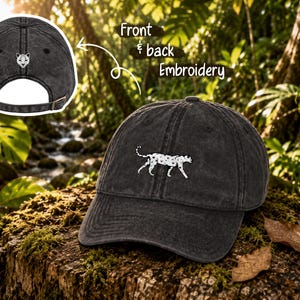 Leopard bestickt Cap | Beunruhigt Baseballmütze | Volle Leopard-Stickerei auf der Vorderseite | Leopardenkopf Stickerei Auf Der Rückseite