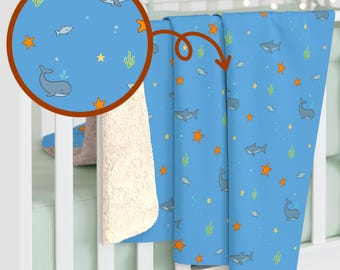 Ocean Animals Throw Blanket - Cute Sea Theme Print with Whales and Sharks - Soft Sofa or Nursery Decor