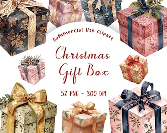 Watercolor Christmas Gift Clipart | Festive Holiday Present PNG Set | Cozy Wrapped Boxes, Ribbons & Winter Christmas Illustration