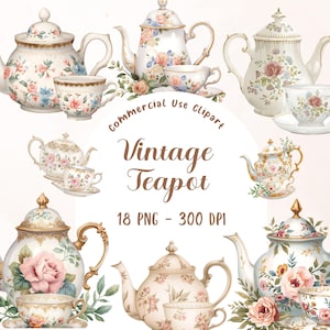 Clipart di teiera con fiori vintage ad acquerello per il marchio del tè, decorazioni per la cucina e design accogliente di cottagecore PNG