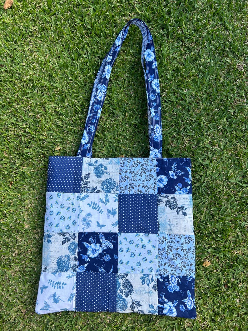 The Prettiest Blue Floral Patchwork Handmade Quilted Gingham Tote Bag ...