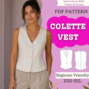 Può includere: Un modello PDF per un gilet Colette, caratterizzato da un gilet senza maniche color crema con chiusura a bottoni e scollo a V. La grafica include disegni tecnici al tratto del davanti e del retro del gilet, con taglie dalla XXS alla 5XL.
