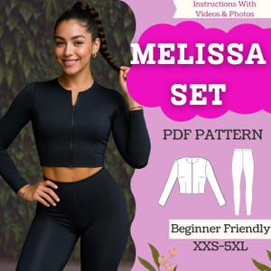 Può includere: Una donna indossa un completo sportivo nero, composto da un top con zip e leggings. L'immagine include il testo "MELISSA SET PDF PATTERN" e "Beginner Friendly XXS-5XL".
