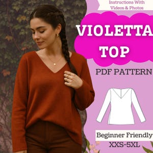 Può includere: Una donna indossa un top con scollo a V color ruggine. L'immagine include il testo "VIOLETTA TOP PDF PATTERN" e "Beginner Friendly XXS-5XL". È presente anche un disegno al tratto del top.