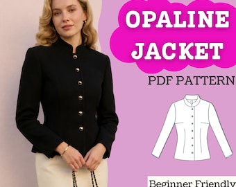 以下が含まれることがあります： マンダリンカラーと金色のボタンが付いた黒いジャケットで、Opaline JacketというタイトルのPDFパターンとして提示されています。長袖で体にフィットするシルエットのデザインで、XXSから5XLまでのサイズに対応した動画と写真付きの説明書が含まれています。