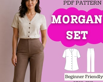 Sewing Pattern Set: Straight-Leg Pants & V-Neck Blouse (XXS-5XL) (PDF Pattern)