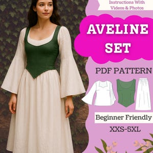 Renaissance Corset Bodice, Bell Sleeve Chemise & Skirt | PDF Sewing Pattern Set | Medieval Cottagecore Cosplay Dress | XXS-5XL Digital