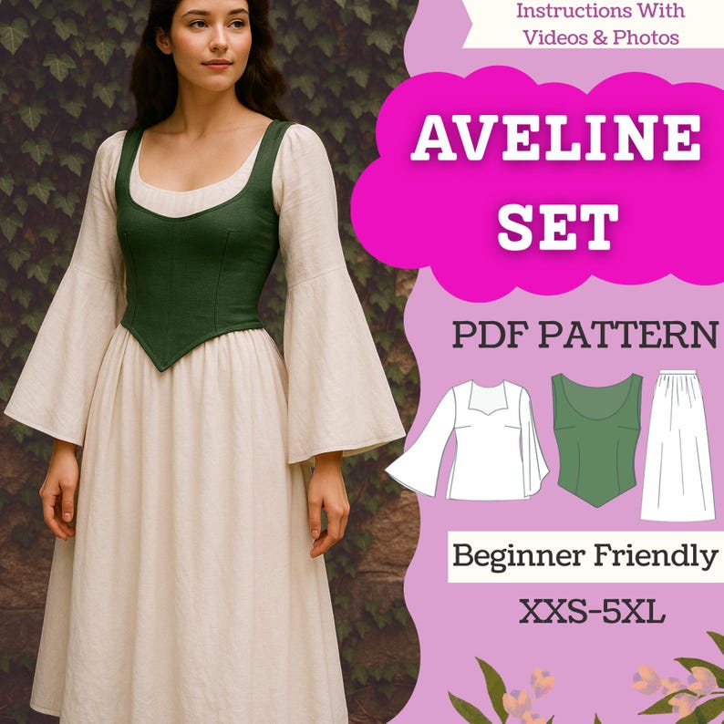May include: A woman wearing a cream-colored dress with a green bodice and long, flared sleeves. The image includes the text "AVELINE SET" and "PDF PATTERN", along with illustrations of the pattern pieces. The pattern is labeled "Beginner Friendly" and available in sizes XXS-5XL.