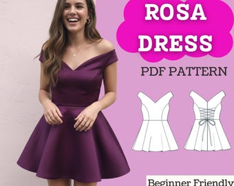Off-Shoulder Fit & Flare Dress Sewing Pattern: Women’s Panelled Skater Dress (PDF Download, XXS–5XL)
