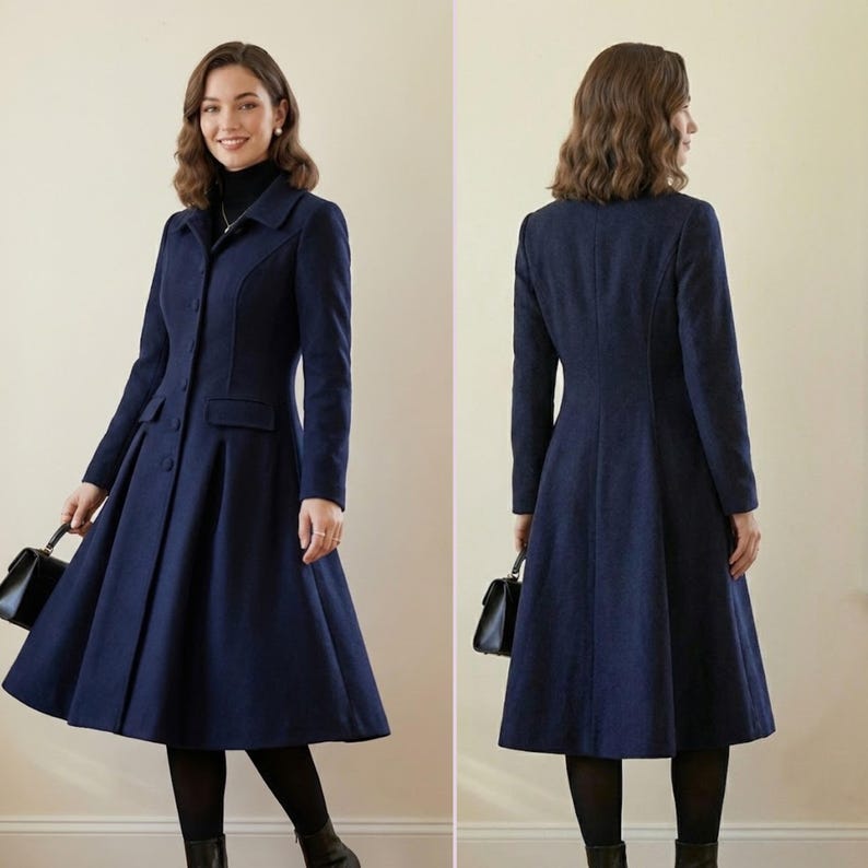 May include: A navy blue long-sleeved coat featuring a structured collar, a button-down front, and a flared skirt silhouette that reaches below the knees. The coat includes two flap pockets at the waist and is shown from both front and back views.