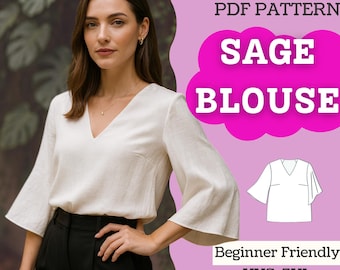 Bell-Sleeve V-Neck Blouse Sewing Pattern: Relaxed Fit (PDF Download, XXS-5XL A0/A4/Letter)