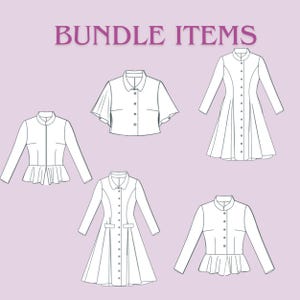 May include: Line drawings of five different garment designs, including a short-sleeved top, a long-sleeved jacket with a peplum, and a long coat. The text "BUNDLE ITEMS" is displayed in a purple font at the top of the image.