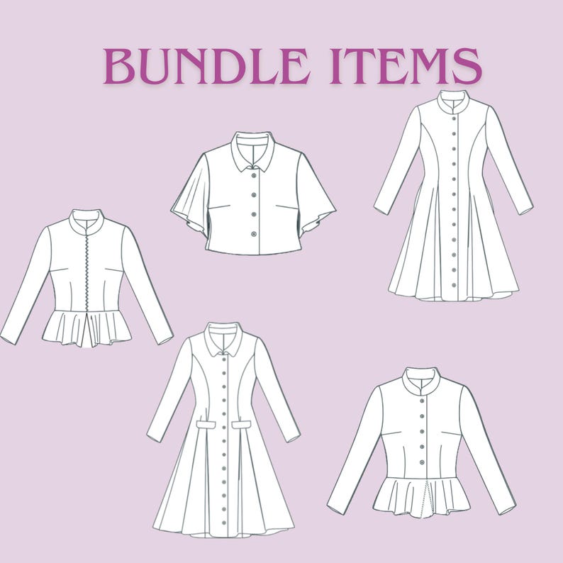 May include: Line drawings of five different garment designs, including a short-sleeved top, a long-sleeved jacket with a peplum, and a long coat. The text "BUNDLE ITEMS" is displayed in a purple font at the top of the image.