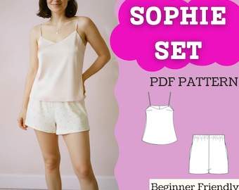 May include: A PDF sewing pattern for the Sophie Set, featuring a light pink camisole with spaghetti straps and matching patterned shorts. The graphic includes technical line drawings of the top and shorts, with sizing listed from XXS to 5XL.