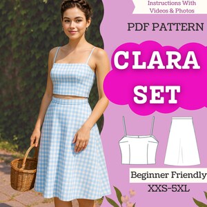 May include: A light blue and white gingham Clara set, including a crop top and a skirt. The image also features a PDF pattern with the text "CLARA SET" and "Beginner Friendly". The model is holding a wicker basket.