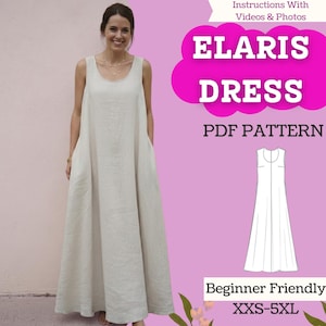 Könnte beinhalten: Eine Frau trägt ein langes, hellbeige Leinenkleid mit Rundhalsausschnitt und Taschen. Der Text lautet: "ELARIS DRESS PDF PATTERN", "Beginner Friendly" und die Größen XXS-5XL.