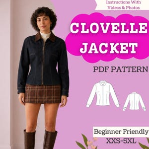Peut inclure: Un patron de couture PDF numérique pour la veste Clovelle, présentant une veste en jean foncé avec un col marron, une jupe à carreaux marron et des bottes marron. Le graphique inclut du texte, un dessin technique et la gamme de tailles XXS-5XL.