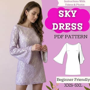 May include: A light purple dress with long sleeves and flared cuffs. The dress has a boat neckline and a fitted silhouette. The image also includes a pattern illustration and text that reads "SKY DRESS PDF PATTERN" and "Beginner Friendly XXS-5XL".