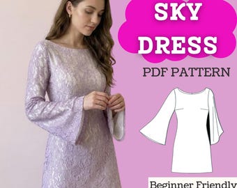 Boat Neck Bell-Sleeve Mini Dress Sewing Pattern (PDF) | A-Line Shift with Flared Sleeves | Women’s Digital Download