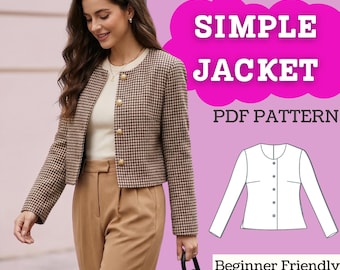 Collarless Round Neck Jacket Sewing Pattern – Button-Front Fitted Jacket (PDF Instant Download)