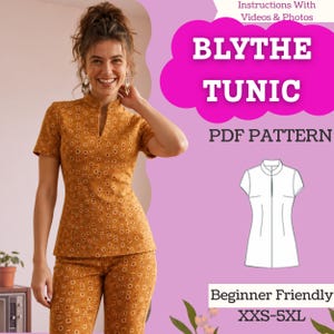Women's Mandarin Collar Tunic Top Sewing Pattern (PDF Digital Download, XXS-5XL)