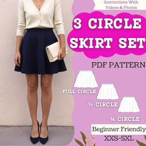 Może przedstawiać: Kobieta w granatowej spódnicy w kształcie koła, kremowym kardiganie i pasujących szpilkach. Obraz zawiera tekst "3 CIRCLE SKIRT SET" i "PDF PATTERN". Wzór jest przyjazny dla początkujących i dostępny w rozmiarach XXS-5XL.