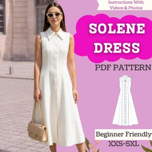 Könnte beinhalten: Ein ärmelloses, weißes Kleid mit Knopfleiste und Kragen. Das Kleid ist knielang und wird mit einer beigen Handtasche kombiniert. Das Bild enthält den Text "SOLENE DRESS PDF PATTERN" und "Beginner Friendly XXS-5XL".