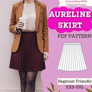Peut inclure: Une femme porte un blazer marron, un haut rose et une jupe plissée bordeaux. L'image contient le texte "AURELINE SKIRT PDF PATTERN" et "Beginner Friendly XXS-5XL", ainsi qu'une illustration de jupe.
