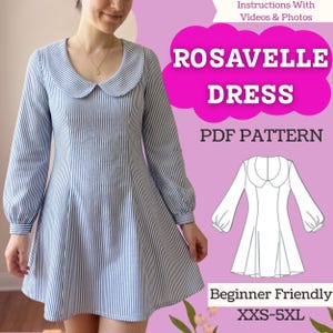 Può includere: Un vestito a righe blu e bianche con maniche lunghe e colletto arrotondato. L'immagine include il testo ROSAVELLE DRESS PDF PATTERN, Instructions With Videos & Photos, Beginner Friendly, XXS-5XL e un disegno al tratto del vestito.