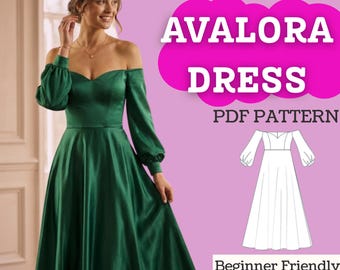 Patrón de costura para vestido largo con hombros descubiertos (descarga en PDF): mangas abullonadas, escote corazón, falda semicircular • Imprimible en tamaños A0/A4/Carta estadounidense