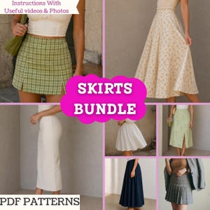 May include: A collection of skirts including a green plaid mini skirt with slits, a floral midi skirt, a white pencil skirt, a white flared skirt, a green midi skirt with a slit, a navy maxi skirt, and a grey plaid pleated mini skirt. Text: SKIRTS BUNDLE.