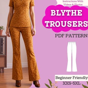 Op de afbeelding: Een digitaal PDF-naaipatroon voor de Blythe-broek, gemaakt van mosterdgele stof met een bloemenprint. De afbeelding toont de broek op een model, een technische lijntekening van de broek en de tekst Instructions With Videos & Photos.