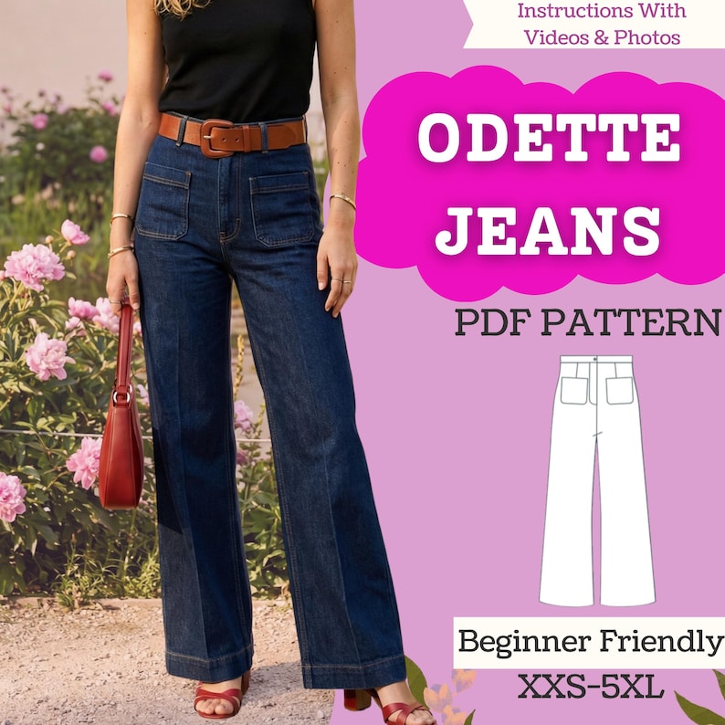 Wide-leg Jeans Sewing Pattern – Front Patch Pockets (PDF Instant ...