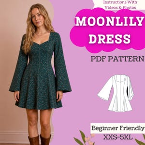 May include: A digital PDF sewing pattern for the Moonlily dress, featuring a dark green floral mini dress with long flared sleeves and a square neckline. The image includes a technical line drawing of the dress and text: Moonlily Dress PDF Pattern.