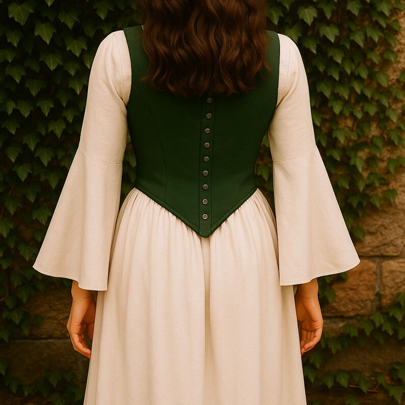 May include: A dark green corset-style bodice with a row of buttons down the back, worn over a cream-colored dress with long, flared sleeves. The dress has a V-neckline and a flowing skirt. The overall style is reminiscent of historical or fantasy attire.
