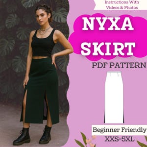 Puede incluir: Una mujer con un top negro y una falda verde oscuro con aberturas frontales. La imagen incluye el texto "NYXA SKIRT PDF PATTERN" y "Beginner Friendly XXS-5XL".