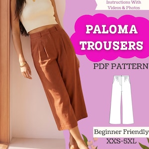 Puede incluir: Pantalones color óxido con cintura alta y perneras anchas. La imagen incluye el texto "PALOMA TROUSERS PDF PATTERN" y "Beginner Friendly XXS-5XL". También se muestra un dibujo lineal de los pantalones.