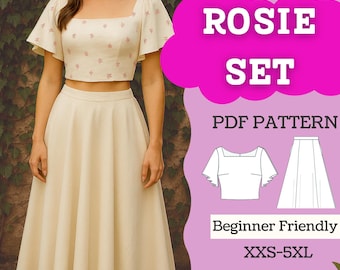 Flutter Sleeve Crop Top & Midi Skirt Sewing Pattern: Linen Cottagecore (PDF XXS-5XL)