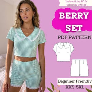 May include: A mint green gingham crop top and shorts set with white lace trim. The top has a Peter Pan collar. The image also includes a pattern diagram and text that reads "BERRY SET PDF PATTERN" and "Beginner Friendly XXS-5XL."