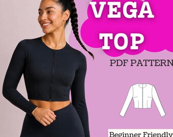 May include: A black long-sleeve crop top with a front zipper closure. The image includes text reading VEGA TOP PDF PATTERN, Instructions With Videos & Photos, Beginner Friendly, and XXS-5XL, alongside a white line drawing of the garment.