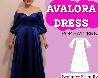Off-Shoulder Maxi Dress Sewing Pattern (PDF Download): Bishop Sleeves, Sweetheart Neck, Half Circle Skirt • Printable A0/A4/US Letter