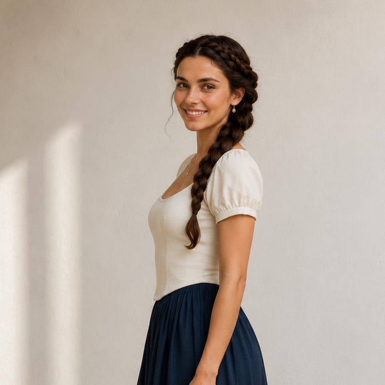 May include: A cream-colored short-sleeved top with a scoop neckline and a fitted bodice, paired with a solid dark navy blue skirt. The top features puff sleeves and a straight hemline, while the skirt has a simple, flowing silhouette.