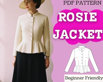 1950s Peplum Jacket Sewing Pattern: Tailored Stand Collar, Button-Front (PDF Download, XXS–5XL)