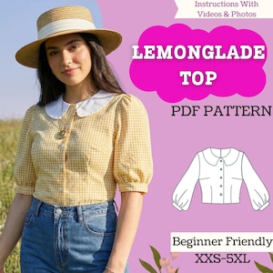 May include: A yellow gingham top with a white collar and short sleeves. The image includes the text "LEMONGALDE TOP PDF PATTERN" and "Beginner Friendly XXS-5XL". A straw hat is also visible.