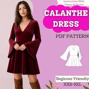 Może przedstawiać: Ciemnoczerwona aksamitna sukienka z dekoltem w serek i długimi, rozszerzanymi rękawami. Obraz zawiera tekst CALANTHE DRESS, PDF PATTERN, Instructions With Videos & Photos, Beginner Friendly, XXS-5XL oraz czarno-biały rysunek techniczny.