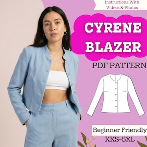 May include: A person wearing a light blue blazer and trousers. The image includes text that reads "CYRENE BLAZER PDF PATTERN" and "Beginner Friendly XXS-5XL". A line drawing of the blazer is also shown.