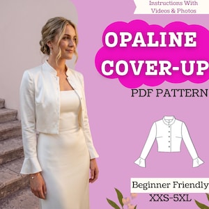 Puede incluir: Una chaqueta corta blanca de manga larga con cuello mao y puños acampanados, sobre un vestido sin mangas a juego. La imagen incluye el texto: OPALINE COVER-UP PDF PATTERN, Instructions With Videos & Photos, Beginner Friendly, XXS-5XL.